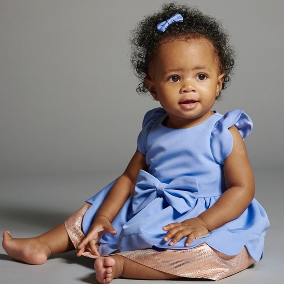 HUCKLEBONES LONDON Girls Blue Bow Dress with Gold Trim & Tulle – Size 6 - Picture 3 of 8